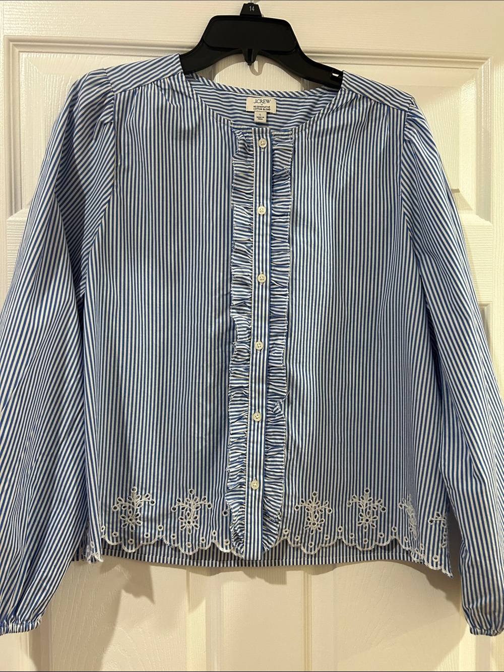 J. Crew Blue & White Striped Ruffle-Front Embroidered Hem Shirt